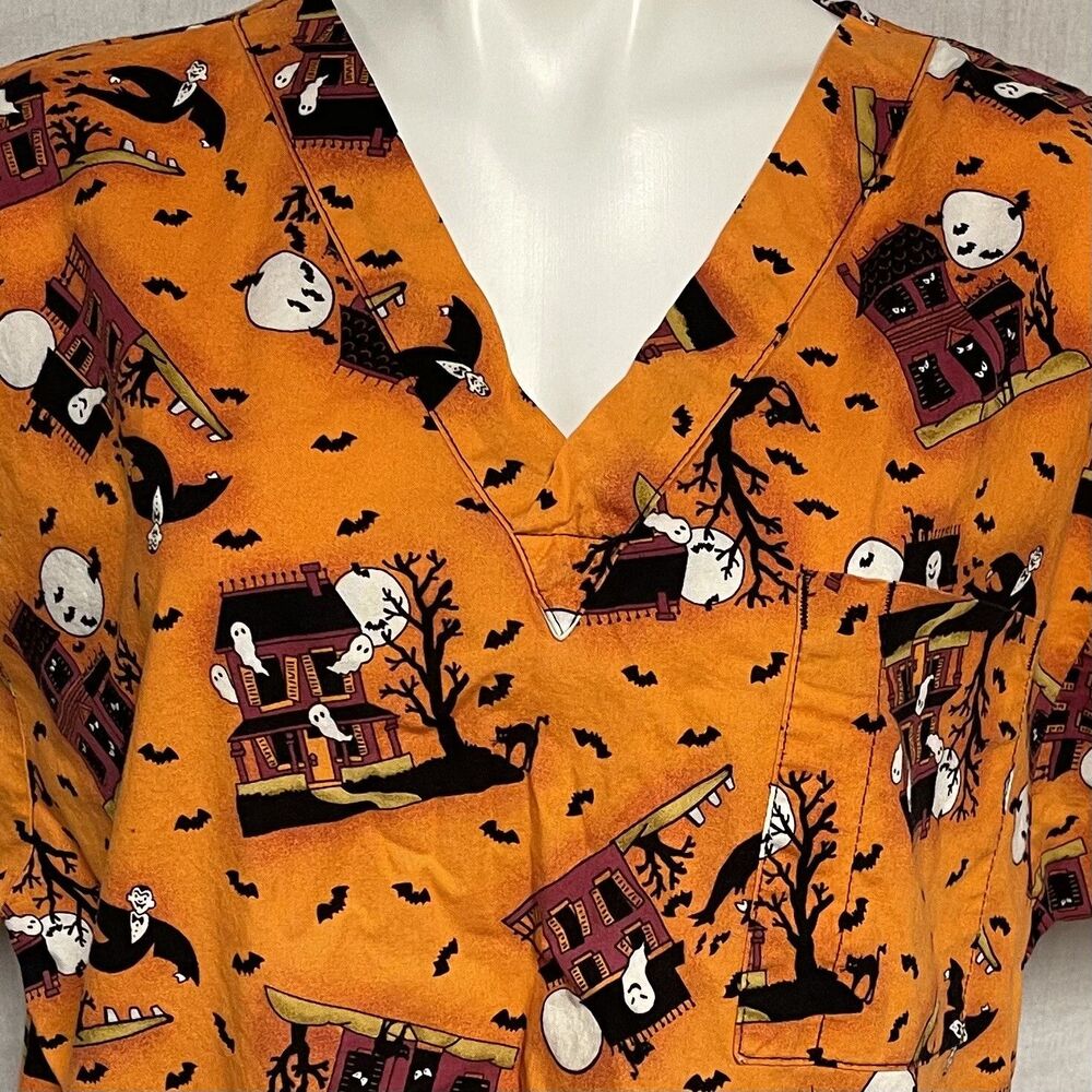 Halloween Nurse Scrub Top Comfy Cottons Orange Moon Ghost Bat Haunted Size L